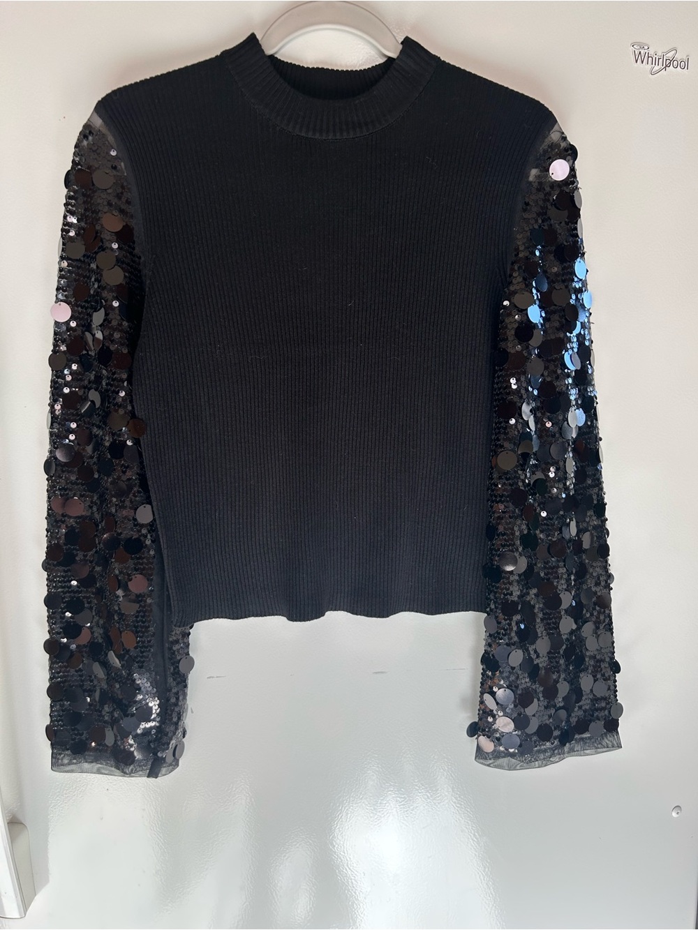 MADDEN GIRL Sz XL Black Lace Crop Top Sheer sequined LS Bell Babydoll Y2K